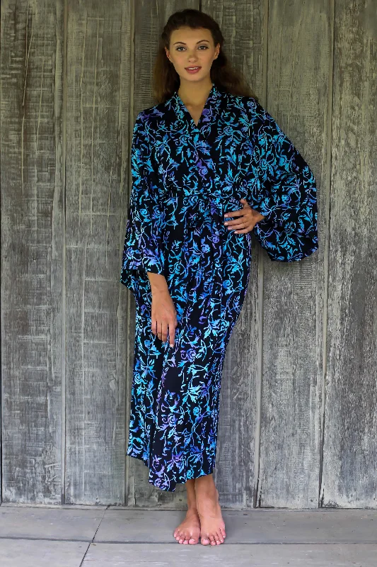 - Cat stress soothing sprayTwilight Roses Rayon Black Long Robe with Blue Purple Batik Floral Print