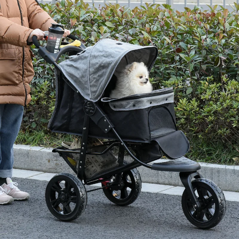  . **Dog muzzle is breathable**PawHut Folding 3 Wheel Pet Stroller Pushchair Travel w/ Adjustable Canopy Storage Brake Grey