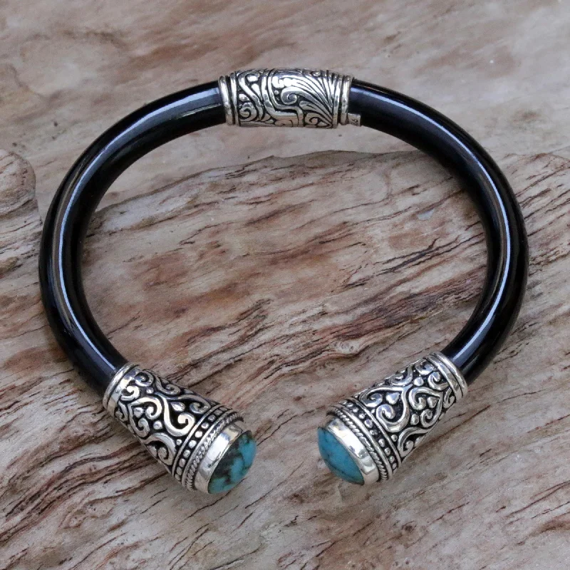 ---Beauty of Bali Sterling Silver and Natural Turquoise Balinese Cuff Bracelet