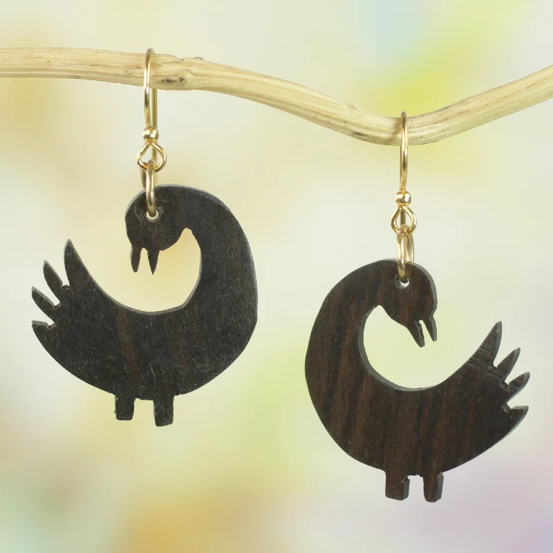 ---Returning Birds Handmade Sese Wood Bird-Themed Dangle Earrings from Ghana