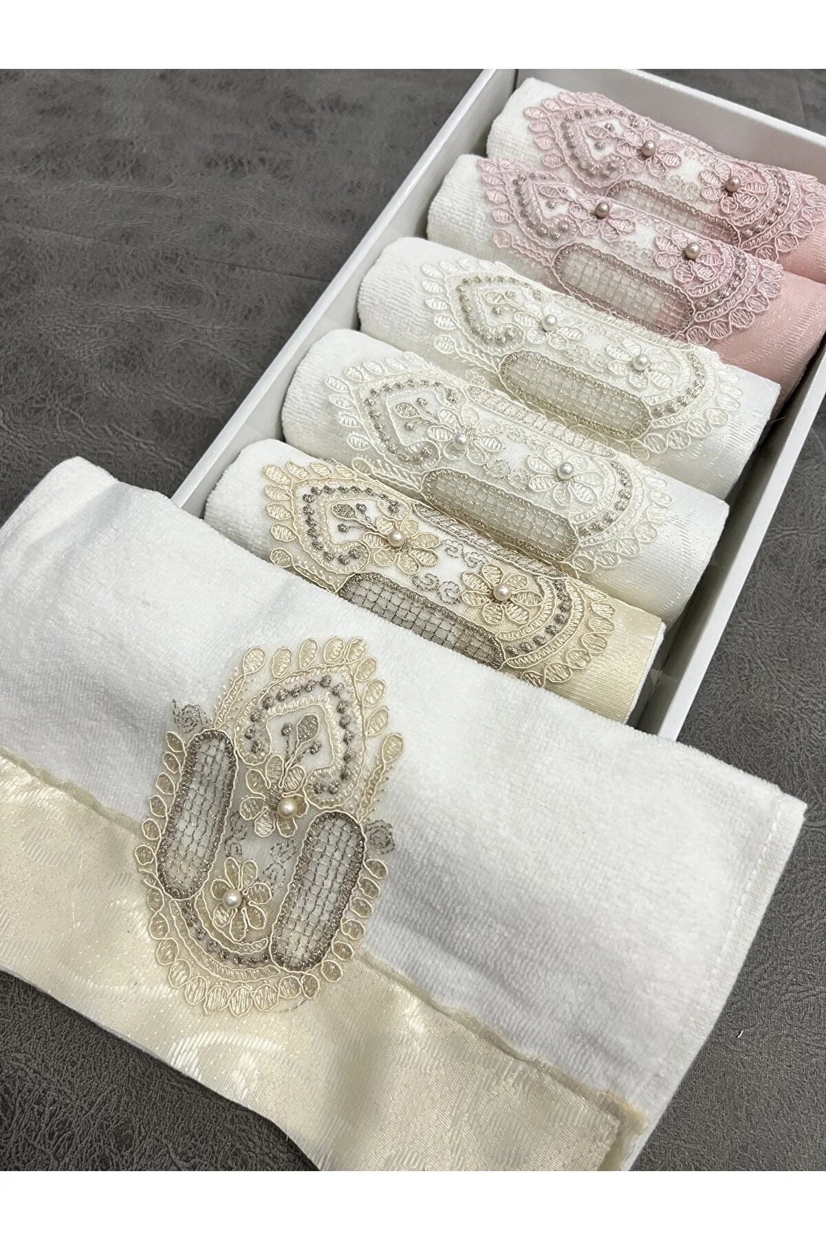 Pet ProductsAyhan Home Kitchen Set of 6 Laced Satin Embroidered Boxed Dowry 30x50 Towels