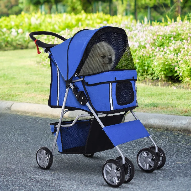 ### Cat accessoriesPawHut Pet Stroller for Small Miniature Dogs Cats Foldable Travel Carriage with Wheels Zipper Entry Cup Holder Storage Basket Blue