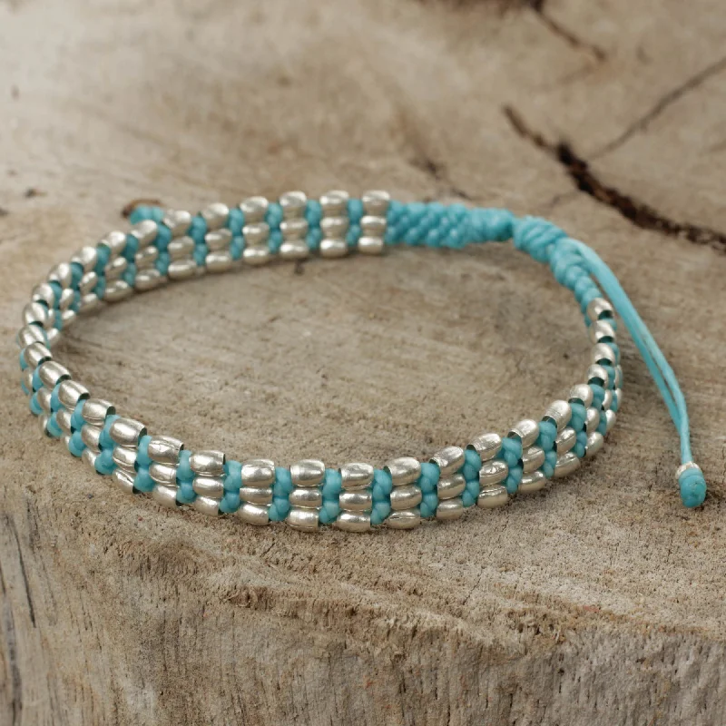 ---Friendly Blue Light Blue Macrame Adjustable Bracelet with 950 Silver Beads