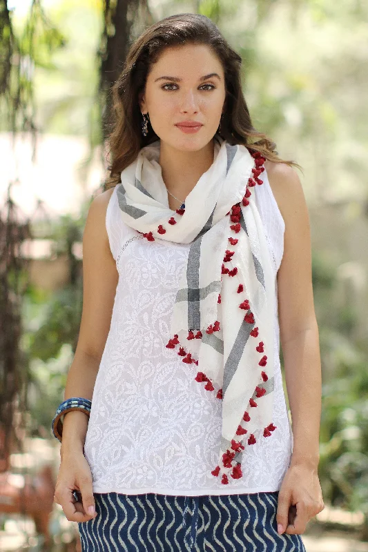 ---Blissful Simplicity Hand Woven Silk Cotton Blend White Shawl with Red Tassels