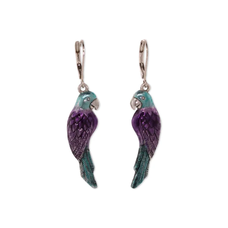 ---1928 Jewelry® Silver Tone Purple/Blue Hand Enamel Parrot Earrings