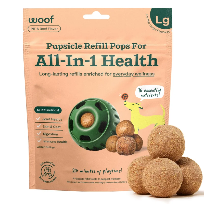    - Indoor cat food  - High protein dog foodWoof Pops All-In1 Health, Large