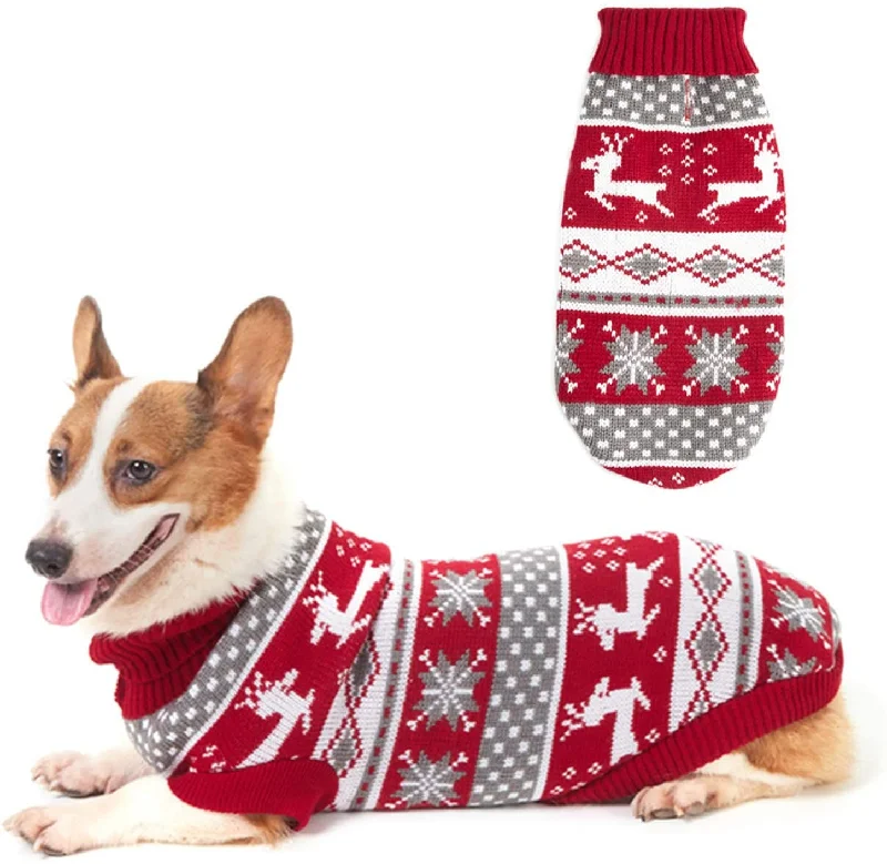 Pet birthday party clothesKUTKUT Dog Christmas Sweater | Cute Reindeer Snowflakes Knit Sweater | Pet Holiday Cloth Soft Warm Turtleneck Knitwear for Small, Medium & Large Dogs (Red)