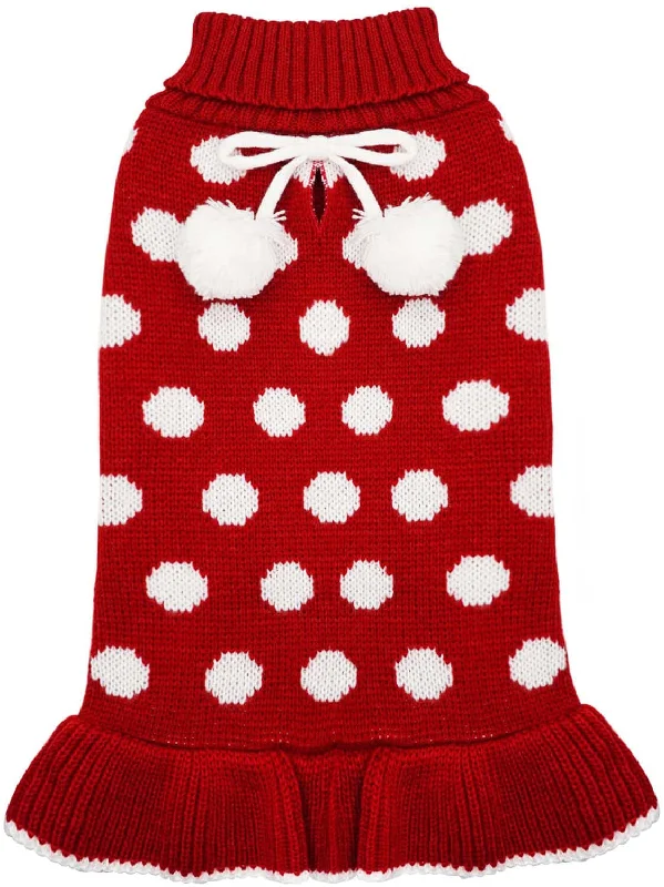 Pet wedding dressesKUTKUT Small Dog Sweater Dress Turtleneck Polka Dot Dog Sweaters with Leash Hole Knitwear Warm Pet Sweater with Pom Pom Ball (Red)