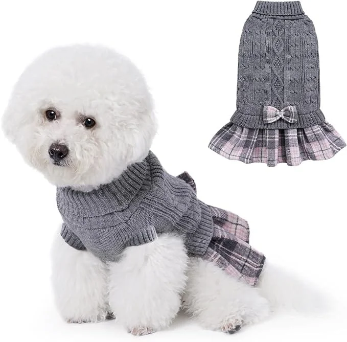 Pet summer light clothesKUTKUT Small Dog Cat Girl Sweater Dress with Plaid Bowtie, Pleated Skirt Turtleneck Sweater with Leash Hole Small Dog Pullover Knitwear Puppy Sweater Winter Dog Clothes