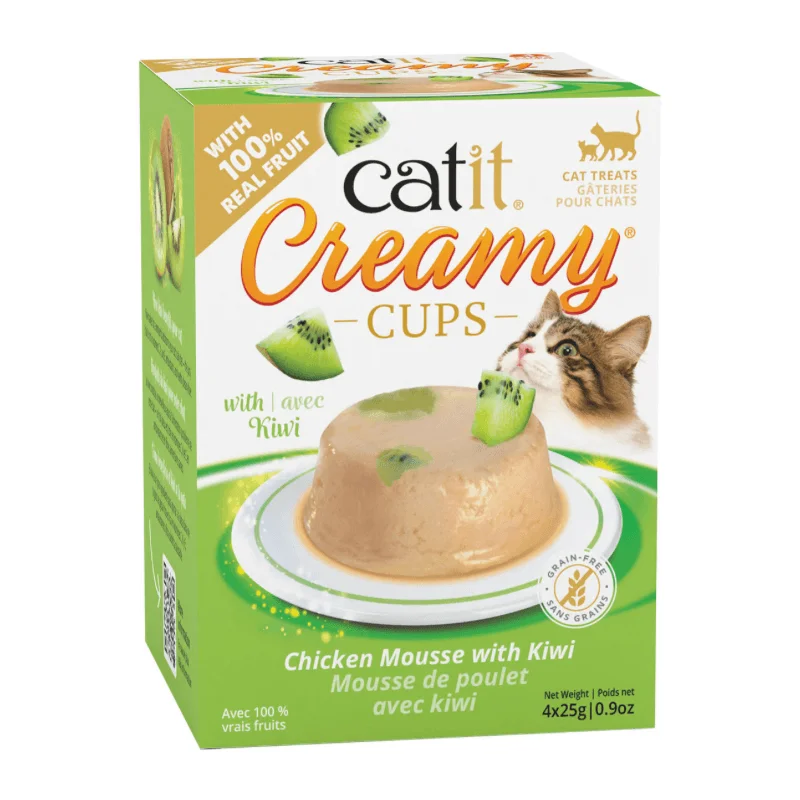    - Fish-based cat food  *(Best By 2025-05-23)* Lickable Cat Treat - CREAMY CUPS - Chicken Mousse with Kiwi - 25 g cup, pack of 4