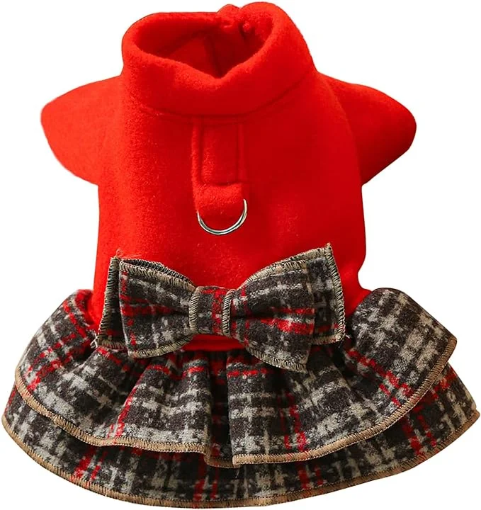 Dog clothesKUTKUT Small Dog Dress Harness with D Ring Cute Bow Knot with Plaid Princess Puppy Dresses Skirt, Spring Winter Warm Cat Dog Clothes for ShihTzu Puppy, Yorkii, Maltese