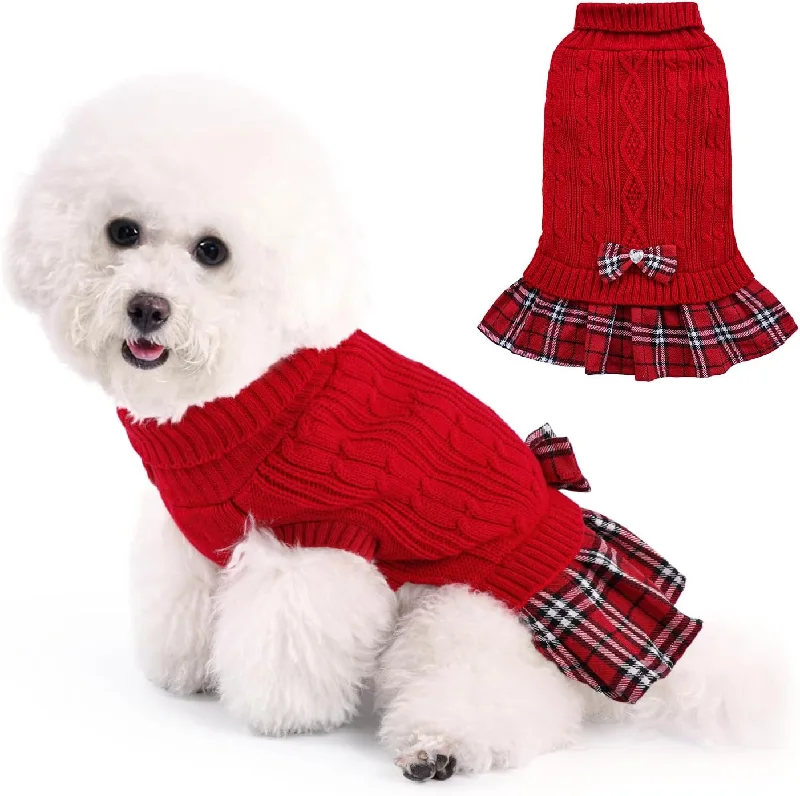 Pet winter warm clothesKUTKUT Small Dog Cat Girl Sweater Dress with Plaid Bowtie Pleated Skirt Dog Sweater with Leash Hole Turtleneck Dog Pullover Knitwear Puppy Sweater Winter Dog Clothes