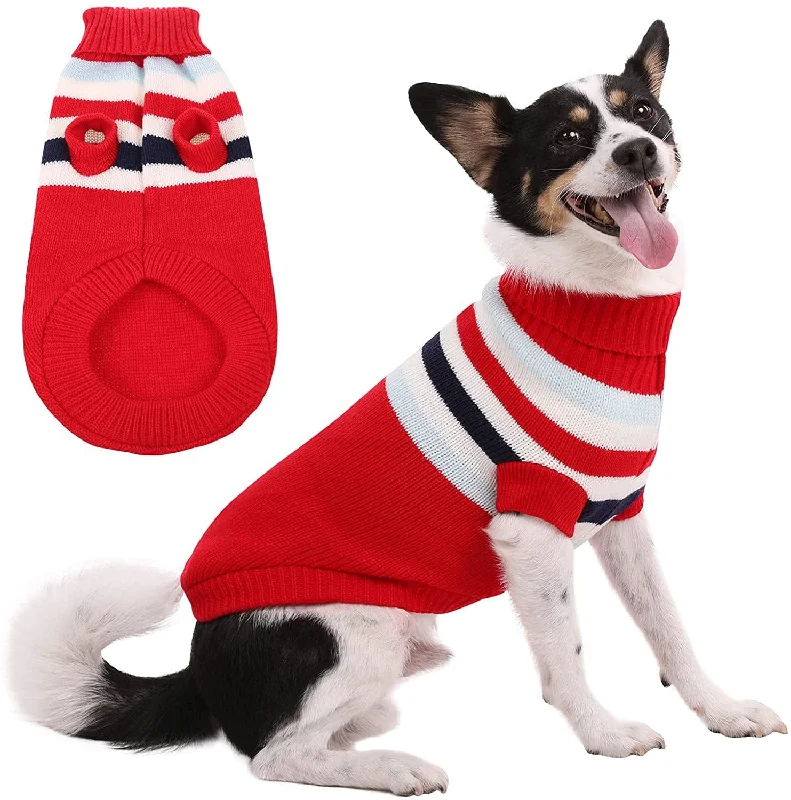 Pet Halloween clothesKUTKUT Dog Sweater | Warm Strip Dog Winter Knitwear Clothes with Elastic Leg Bands | Soft Acrylic Knitted Pet Pullover for Small Medium Large Doggy (Red)