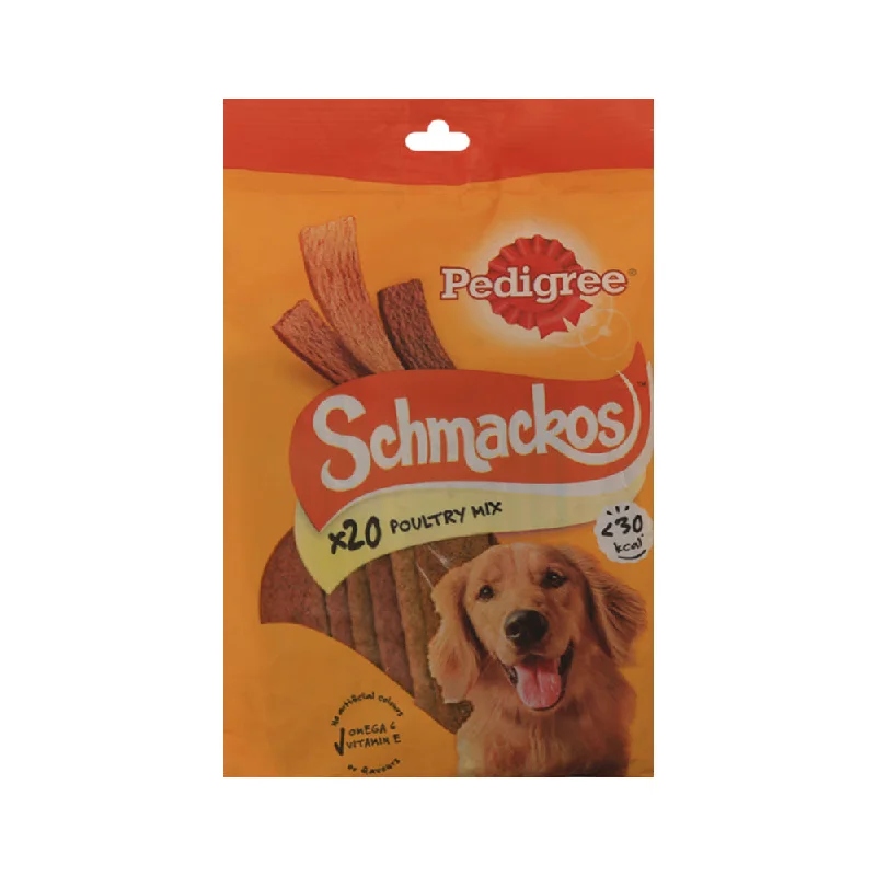  . **Health and Nutrition**  - Dog food recommendations for multi-dog householdsPEDIGREE DOG FOOD SCHMACKOS POULTRY MIX 144 GM