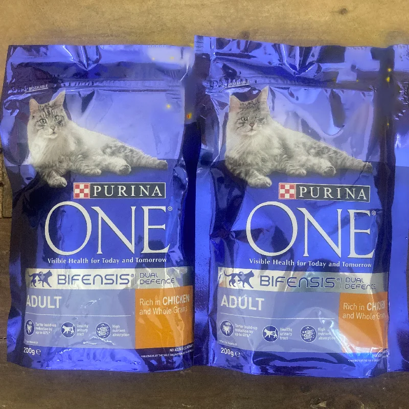    - High-fiber cat food  2x Purina One Adult Chicken and Wholegrain Cat Food Bags (2x200g)