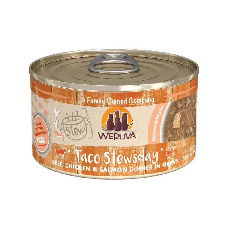    - Cat food for spayed/neutered cats  *(Best By 2025-05-07)* Canned Cat Food - Stew! - Taco Stewsday - Beef, Chicken & Salmon Dinner in Gravy - 2.8 oz