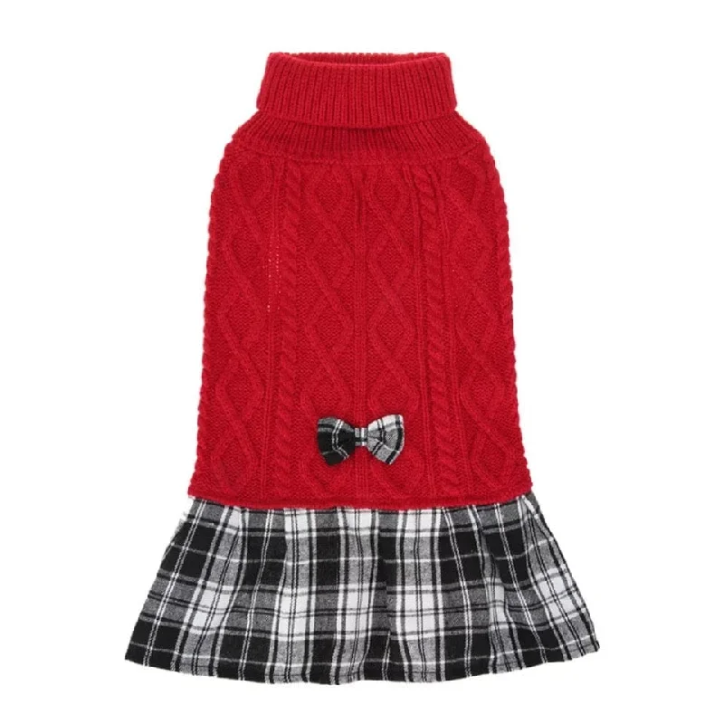 Pet fashion clothesKUTKUT Plaid Sweater Tutu Dress with Bowtie for Small Dogs - Dog Turtleneck Pullover Knitwear Cold Weather Sweater with Leash Hole, Suitable for Small Dogs, Cats Puppies