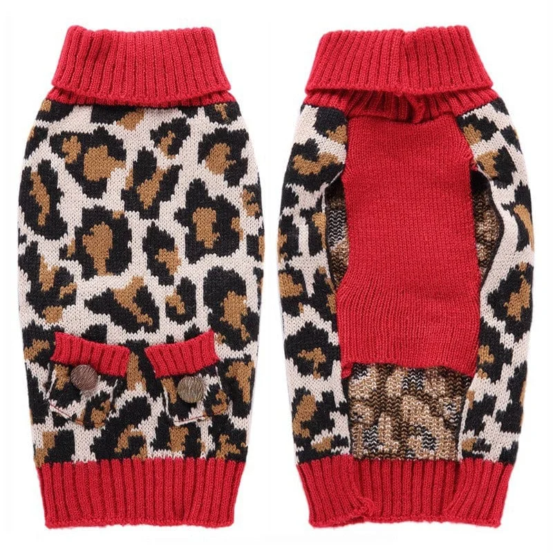 Pet raincoatKUTKUT Leopard and Pocket Pattern Stretchable Knitted Warm Puppy Turtleneck Winter Warm Sweater For Large Dogs