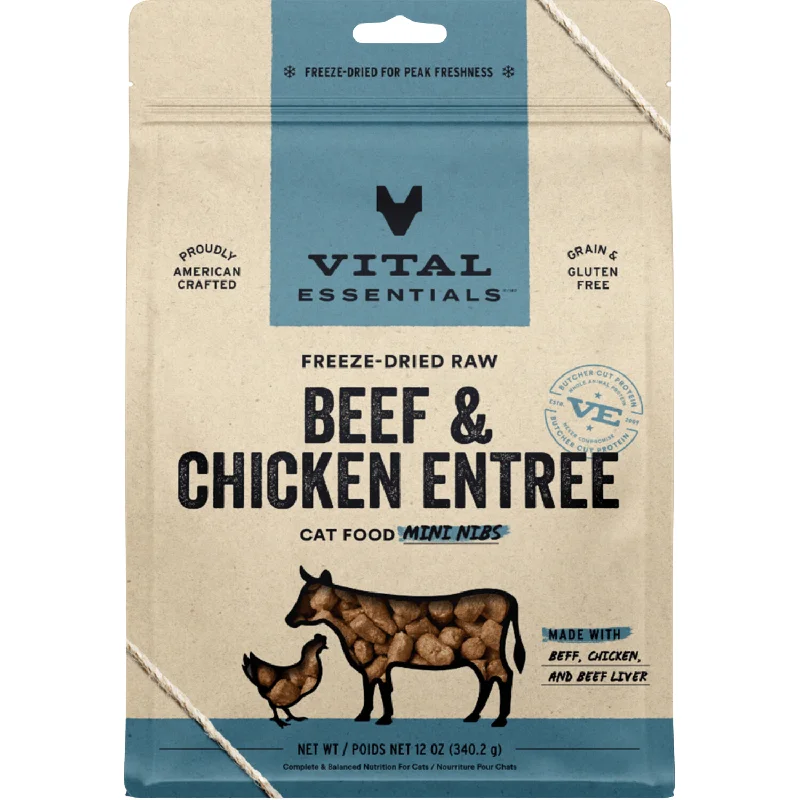  . **Functional Cat Food**  *(Best By 2025-05-09)* Freeze Dried Cat Food - Beef & Chicken Entree - Mini Nibs - 12 oz