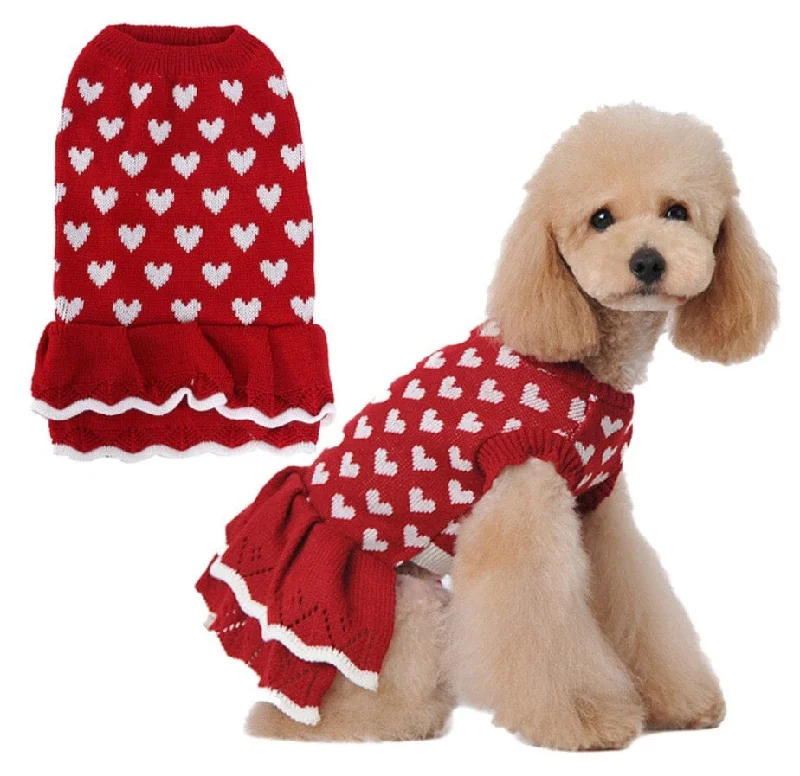 Pet ClothesKUTKUT Small Dog Cat Warm Cute Heart Girl Dog Sweater Dress | Pet Beautiful Princess Style Tutu Dress | Female Girl Dog Puppy Cat Soft Knitwear Pullover