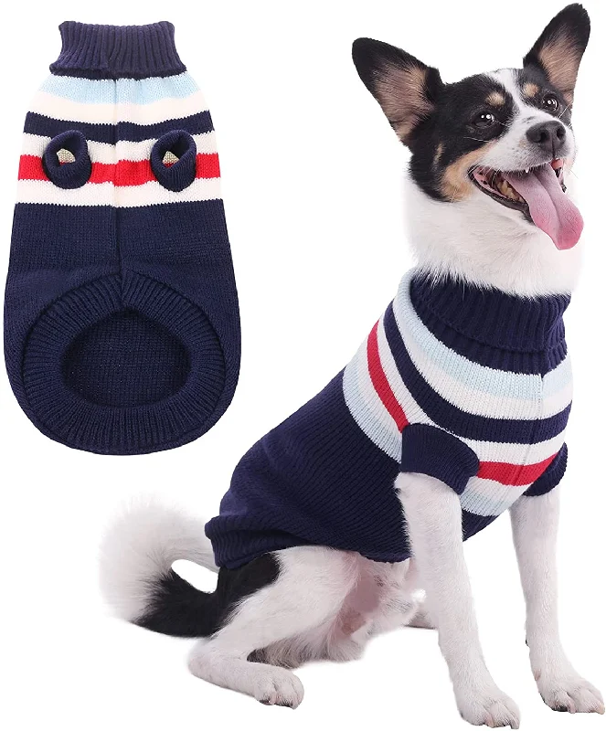 Pet Christmas clothesKUTKUT Dog Sweater | Warm Strip Dog Winter Knitwear Clothes with Elastic Leg Bands | Soft Acrylic Knitted Pet Pullover for Small Medium Large Doggy (Blue)