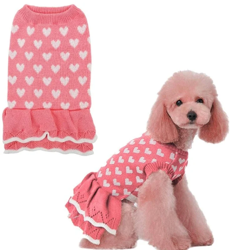 Pet easy-to-wear and take-off design clothesKUTKUT Small Dog Girl Cat Warm Cute Heart Sweater Dress | Pet Beautiful Princess Style Tutu Dress | Female Girl Dog Puppy Cat Soft Knitwear Pullover